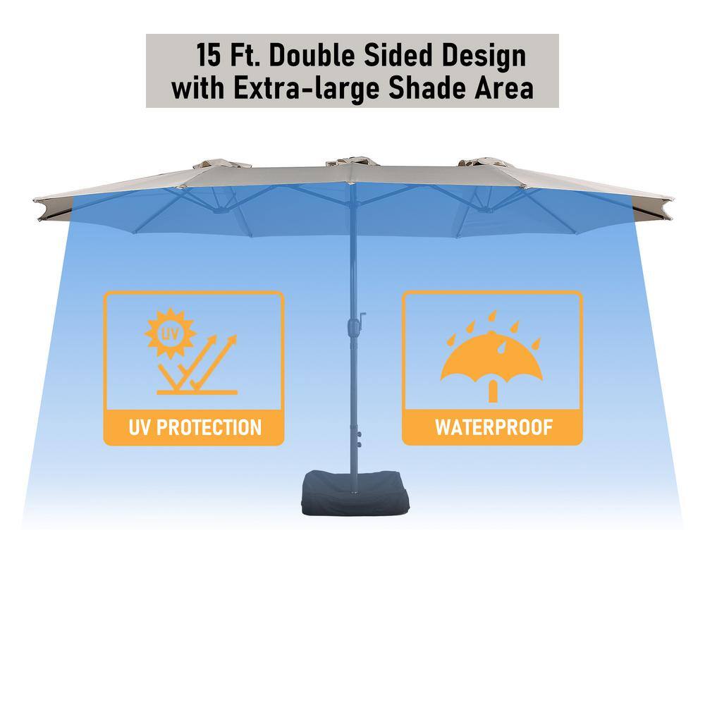 Beige 15-ft Steel Double-Sided Patio Umbrella with Base