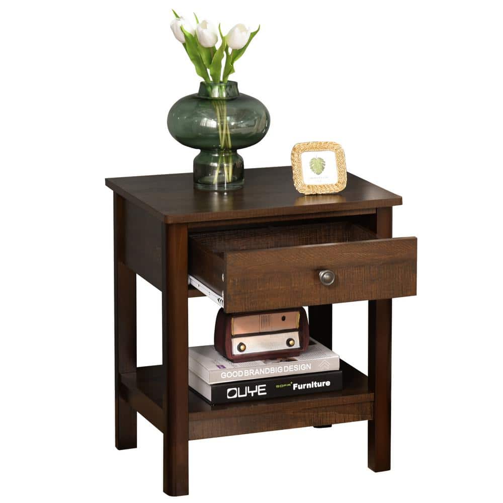 Dark Brown Wood End Table with Drawer and Shelf