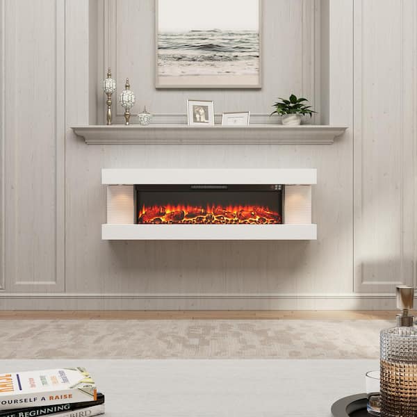 50 in. Wall Mounted Hanging Electric Fireplace with Remote Control in White