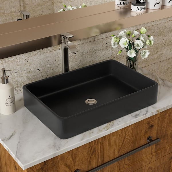 EPOWP 24 in. x16 in. Black Ceramic Rectangular Bathroom Above Counter Vessel Sink