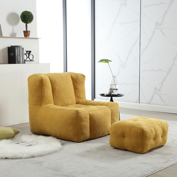 JUJABU Yellow Velvet Polyester Bean Bag Chair with Ottoman for Living Room and Bedroom