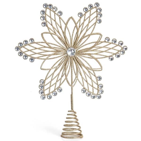 ORNATIVITY Jewel Star Tree Topper - Gold Glitter Sparkling Metal Wire Star Flower with Sparkly Gem Christmas Tree Topper