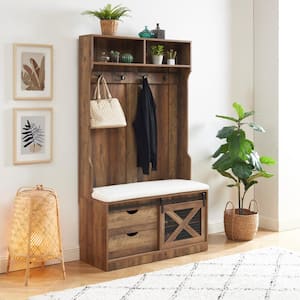 Rustic Oak Wood 40.6 in. Hall Tree with Bench and Storage