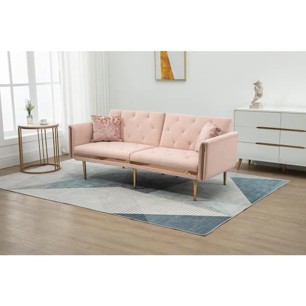 GODEER 73 in. W Rolled Arm Velvet Straight Three Seat Sofa with Metal Feet in Pink