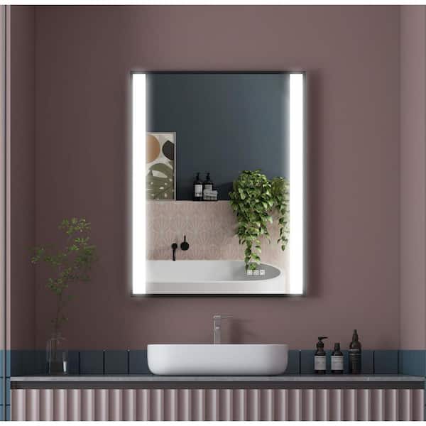ANGELES HOME 28 in. x 36 in. Rectangular Aluminum Framed Wall Super Bright LED Lighted Anti-Fog Bathroom Vanity Mirror in Black