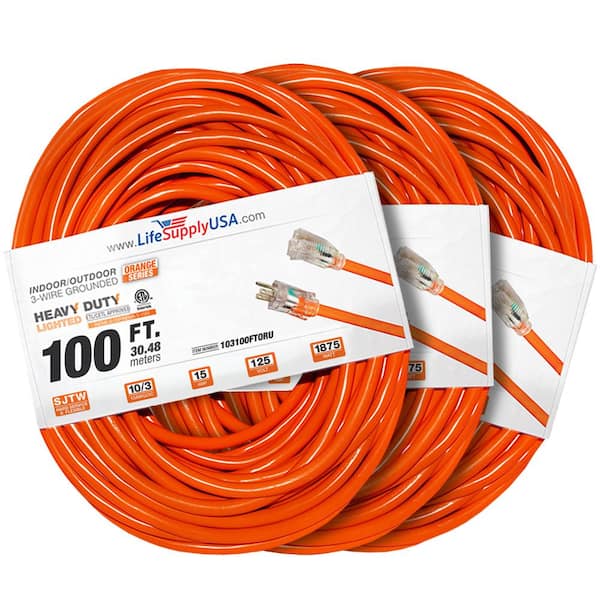 LifeSupplyUSA 100 ft. 10 Gauge/3 Conductors SJTW Indoor/Outdoor Extension Cord with Lighted End Orange (3-Pack)