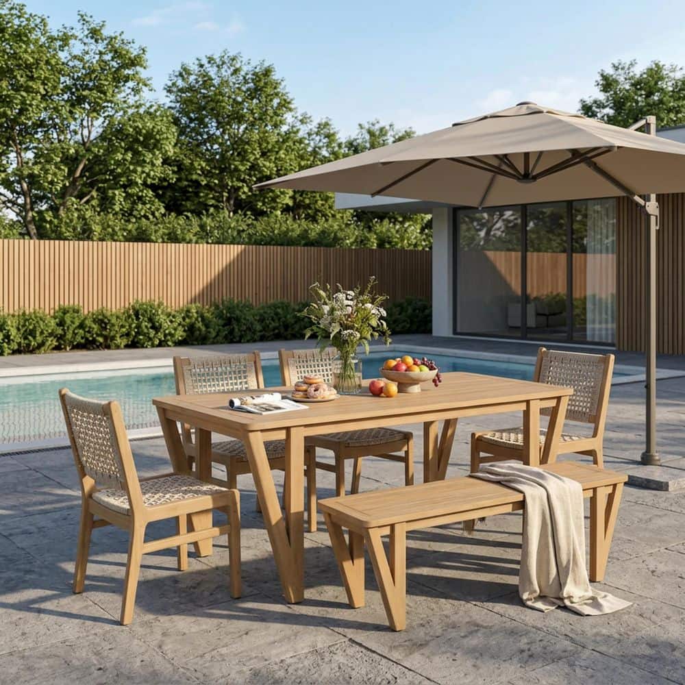 Peldor 6-Piece Light Teak Acacia Wood Patio Outdoor Dining Set with Gray Wicker Dining Chairs and V-Shaped Leg Bench price history on PriceWatchPro