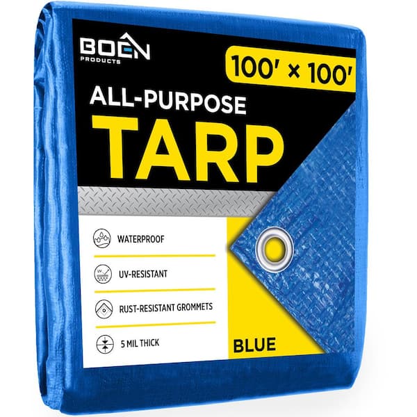 BOEN 100 ft. x 100 ft. Multi-Purpose Blue Poly Tarp Cover 5 Mil Thick Weave Material, Waterproof