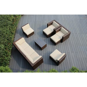 Mixed Brown 10-Piece Wicker Patio Seating Set with Supercrylic Beige Cushions