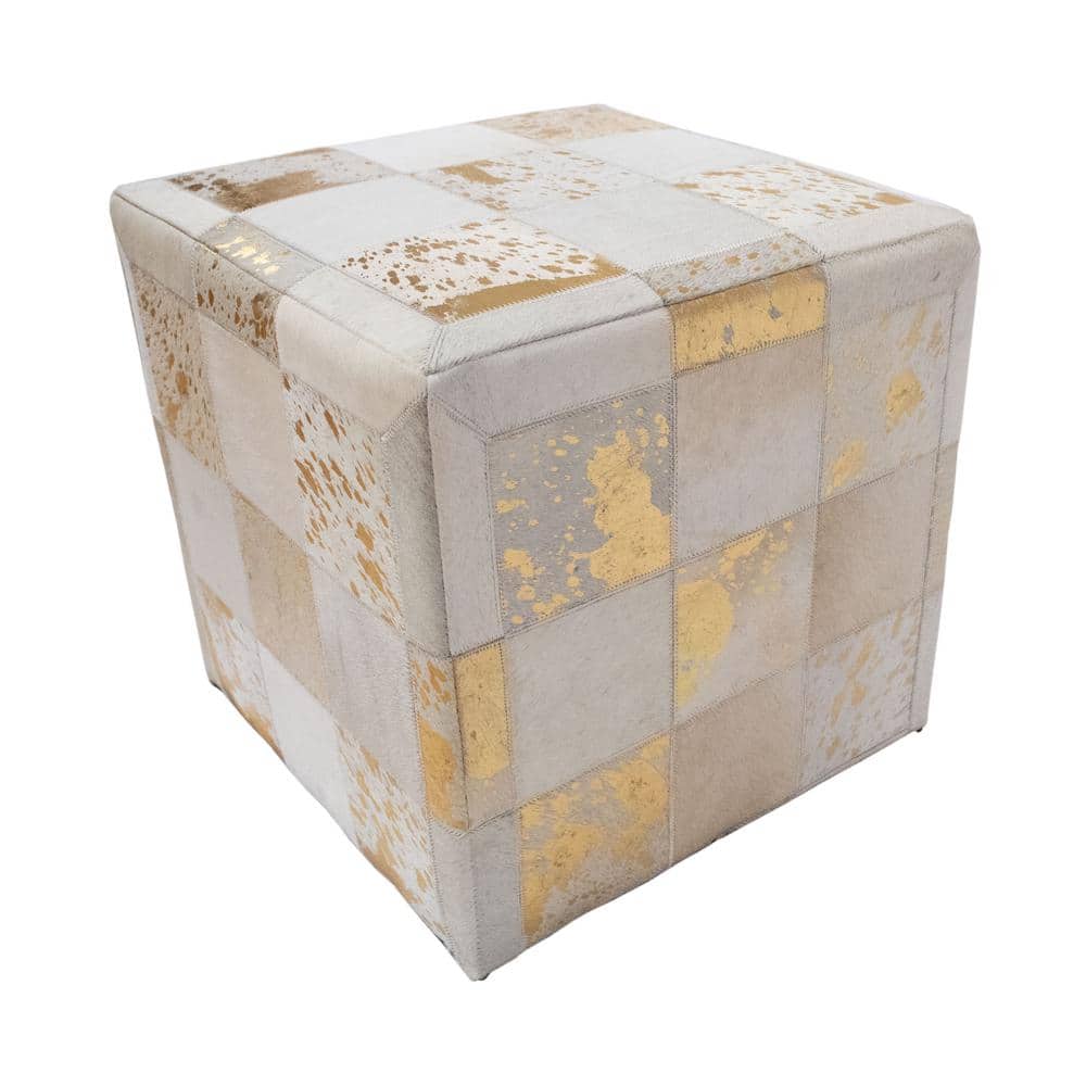 Noori Rug Flynn Ivory/Gold/Beige Gold Foil Cowhide Ottoman 18 in. x 18