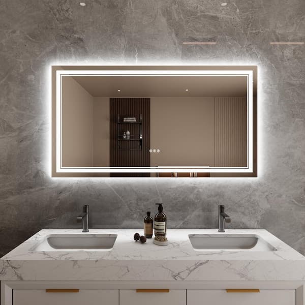55 in. W x 30 in. H Rectangular Frameless Anti-Fog LED Light Vertical Wall Mounted Bathroom Vanity Mirror in Silver