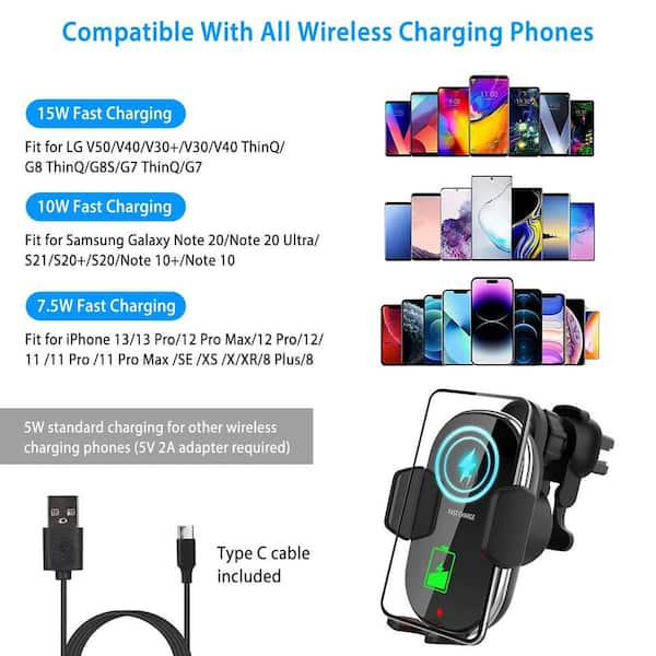 Unbranded - Car Wireless Phone Air Vent Phone Mount Holder Bracket w/ Fast Charge 15 and 10-Watt 7.5-Watt Automatic Clamping Black