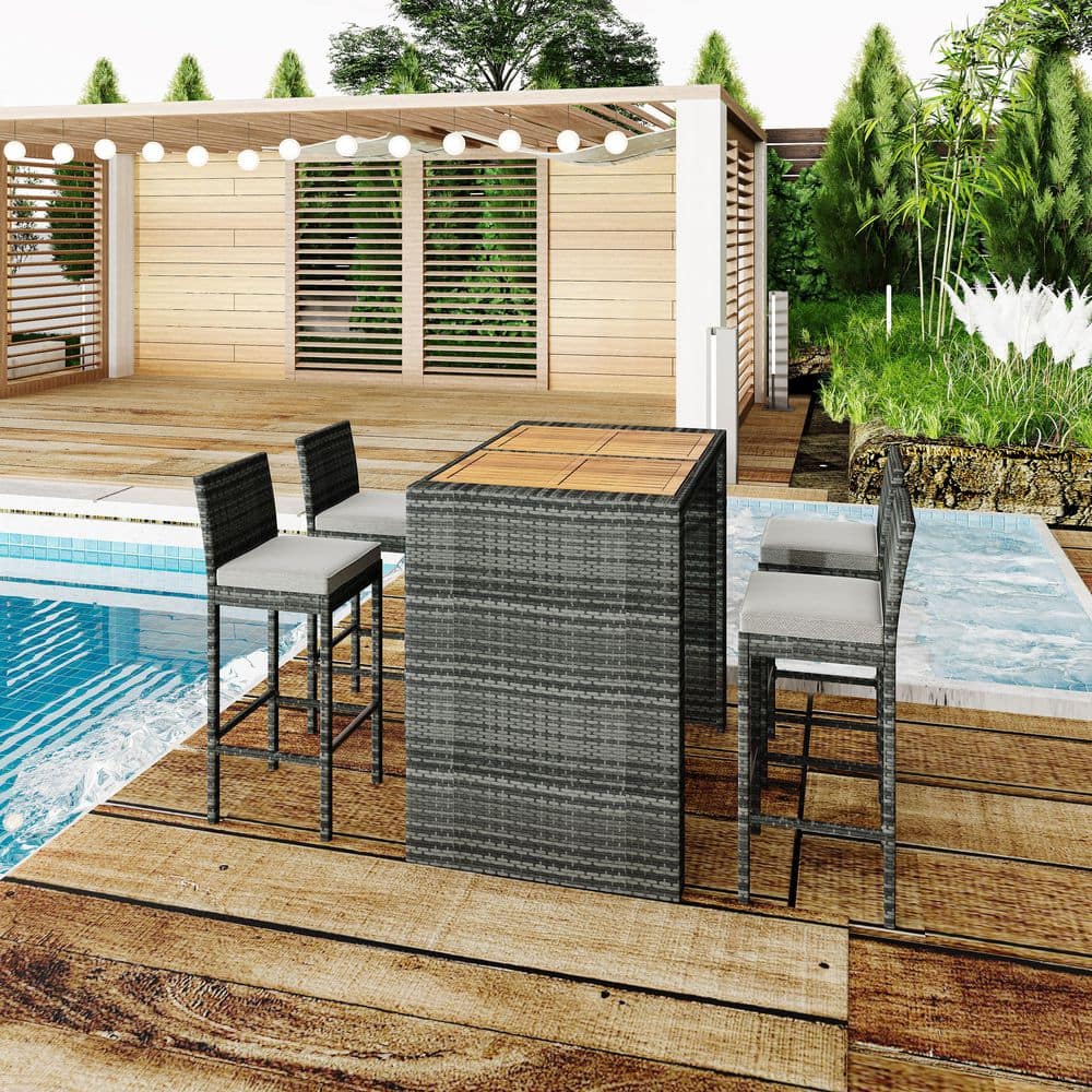 5-Piece Wicker Outdoor Dining Set with Acacia Wood Table Top and Gray Remov