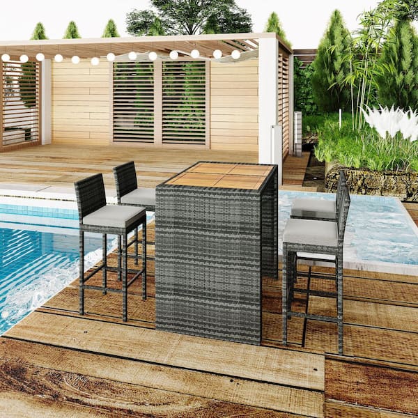 Unbranded 5-Piece Wicker Outdoor Dining Set with Acacia Wood Table Top and Gray Removable Cushions