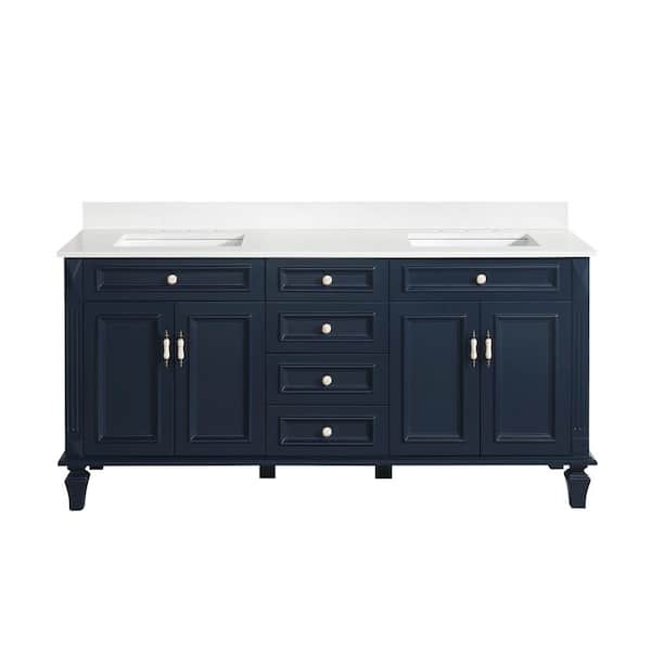 WELLFOR Artwood 72 in. W x 22 in. D x 35 in. H Bath Vanity in Navy Blue with Carrera White Vanity Top with Double White Basin