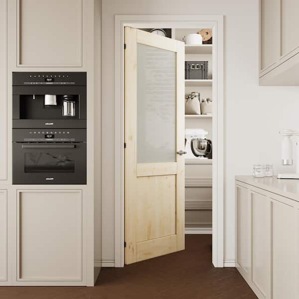 30 in. x 80 in. Unfinished Solid Core Pine Wood 1/2-Lite Tempered Frosted Glass Interior Door Slab