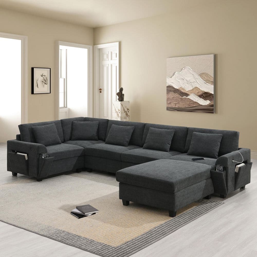 128 in. U Shaped Chenille Sectional Sofa Set in Black with Hidden Armrest Storage, Cup Holders, USB Charging Ports