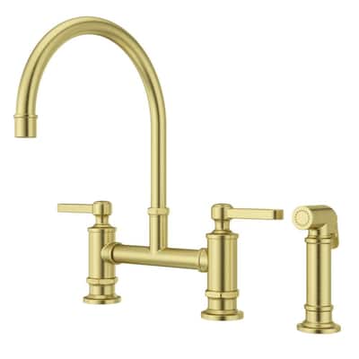 Rohl A1458XWSTCB-2 Country Kitchen Three Leg Bridge Faucet with Five Spoke Handles Sidespray and 9-Inch Reach Column Spout in Tuscan Brass 