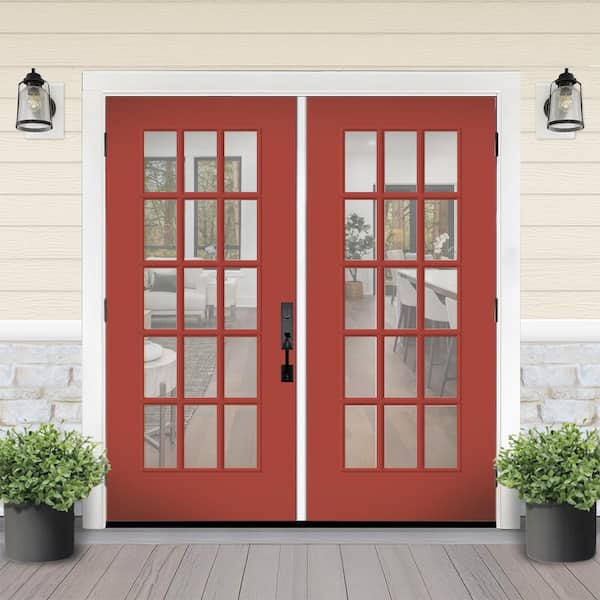 Reliant 64 in. x 80 in. FullLite 15L-SDL ClearGlass RHOS M Red Finish Fiberglass Double Prehung Front Door w/ 4 in. Jamb