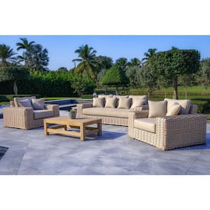 Anna Lux 4-Piece Patio Extra Deep Seating Wicker Aluminum Frame Conversation Set with Wood Coffee Table in White & Grey