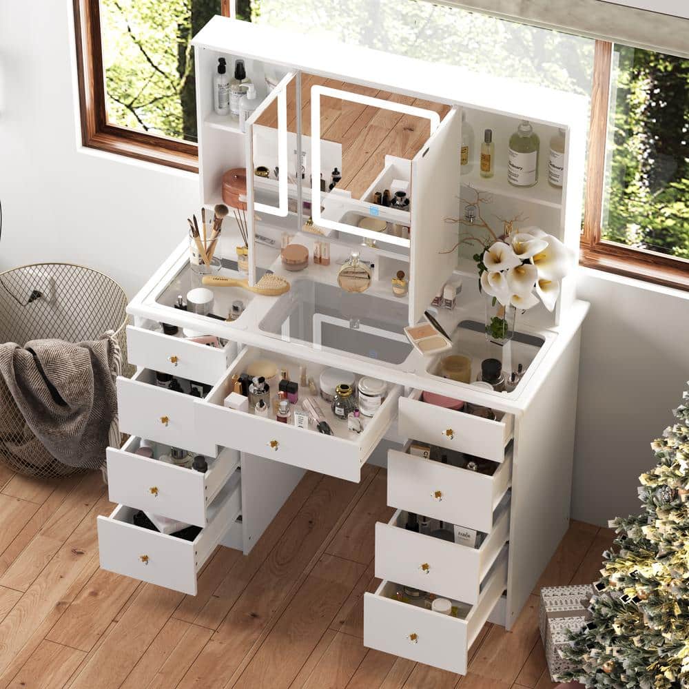 White Makeup Vanity Desk 9 Drawers Wood Dressing Table With 3 Mirrors, Glass Top, Hidden Storage Shelves, LED Lighted - thumbnail 6