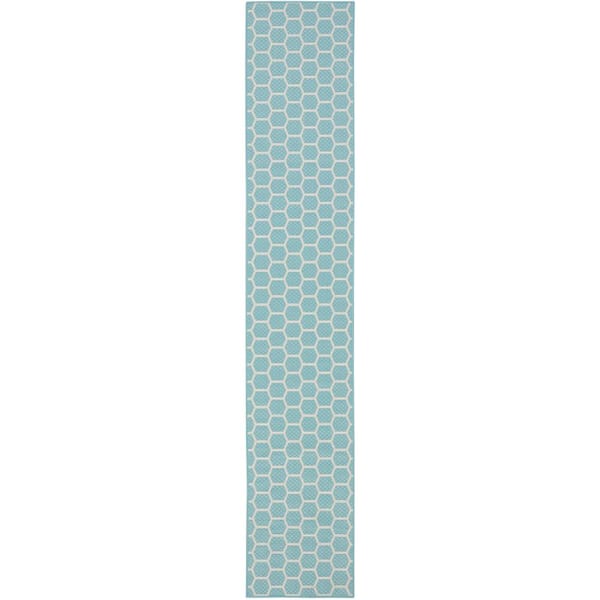 Nourison Reversible Indoor Outdoor Aqua 2 ft. x 10 ft. Honeycomb Contemporary Runner Area Rug
