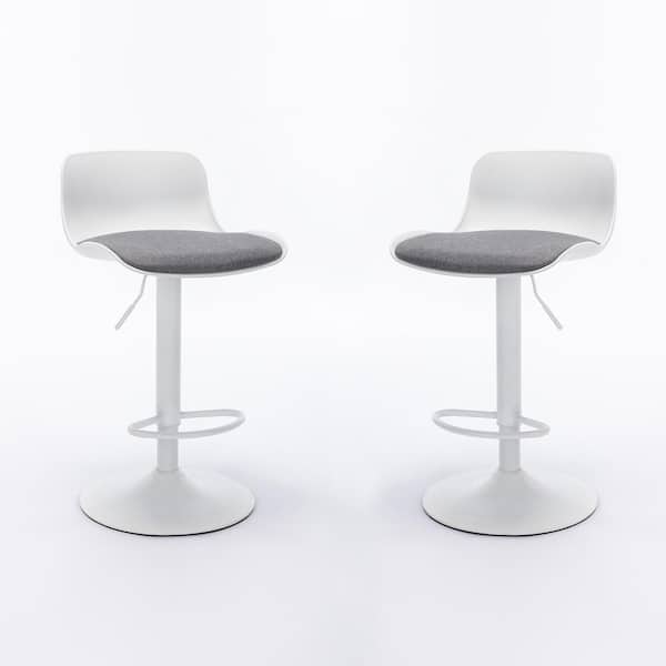 Unbranded 39.8 in. White Low Back Metal Frame Bar Stool with Gray Cushion Seat Kitchen Swivel Adjustable Counter Height (Set of 2)