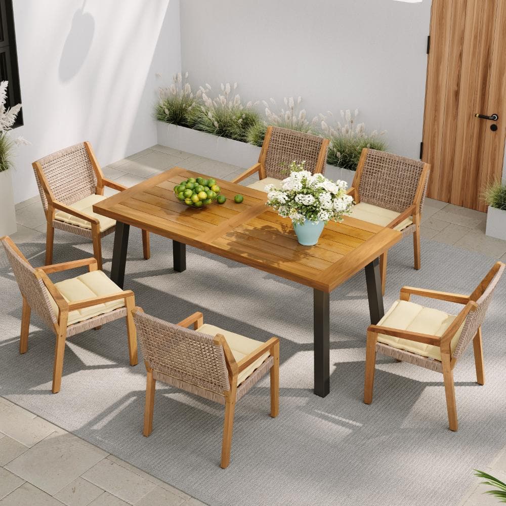 7-Piece Wood and Wicker Patio Conversation Set with Beige Cushions