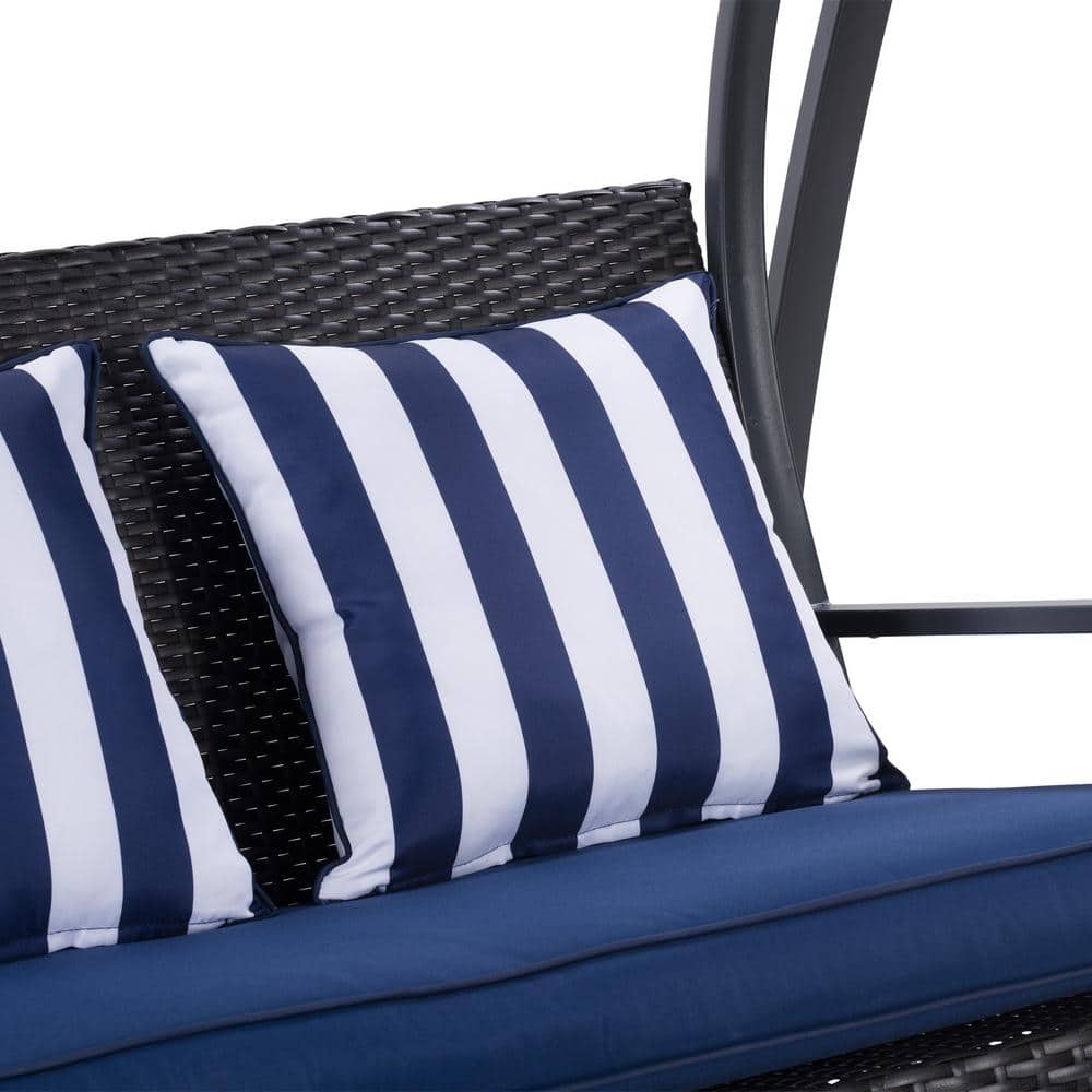 Flora Navy Blue 3-Seat Metal Patio Swing with Canopy and Striped Pillows