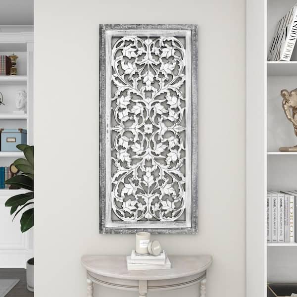 Litton Lane 24 in. x  51 in. Mango Wood Gray Handmade Intricately Carved Arabesque Floral Wall Decor