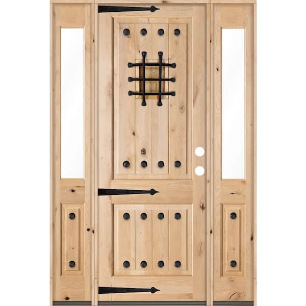 Krosswood Doors 70 in. x 96 in. Mediterranean Alder Square Top Clear Low-E Unfinished Wood Left-Hand Prehung Front Door/Half Sidelites