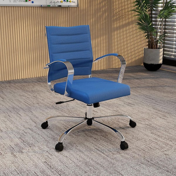 Leisuremod Benmar Office Chair Upholstered Mesh Mid-Back Adjustable Computer Chair with Swivel and Tilt in Navy Blue