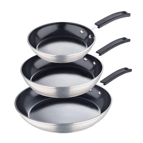 Choice 3-Piece Aluminum Non-Stick Fry Pan Set with Red Silicone Handles -  8, 10, and