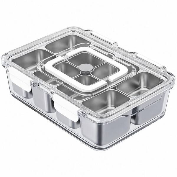 1-Set 8-Compartment Stainless Steel Divided Food Storage with Lid, Handle for Fruit, Nuts, Veggie, Portable Platter