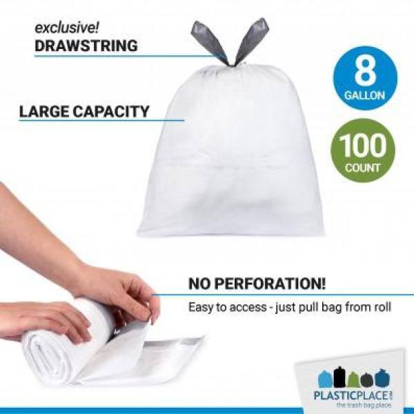 Plasticplace 8 Gallon White Drawstring Trash Bags, 100 Count