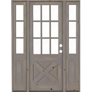 60 in. x 96 in. Knotty Alder 2 Panel Left-Hand/Inswing Clear Glass Grey Stain Wood Prehung Front Door w/Double Sidelite