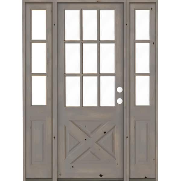 Krosswood Doors 60 in. x 96 in. Knotty Alder 2 Panel Left-Hand/Inswing Clear Glass Grey Stain Wood Prehung Front Door w/Double Sidelite