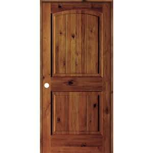 24 in. x 80 in. Knotty Alder 2 Panel Right-Hand Arch V-Groove Red Chestnut Stain Wood Single Prehung Interior Door