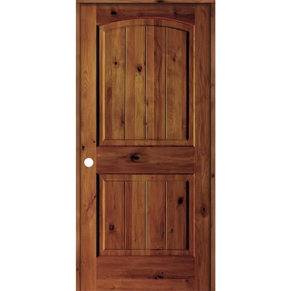 EMOH 24 in. x 80 in. Knotty Alder 2 Panel Right-Hand Arch V-Groove Red Chestnut Stain Wood Single Prehung Interior Door