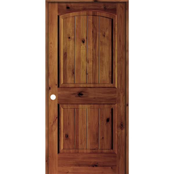 EMOH 30 in. x 80 in. Knotty Alder 2 Panel Right-Hand Arch V-Groove Red Chestnut Stain Wood Single Prehung Interior Door