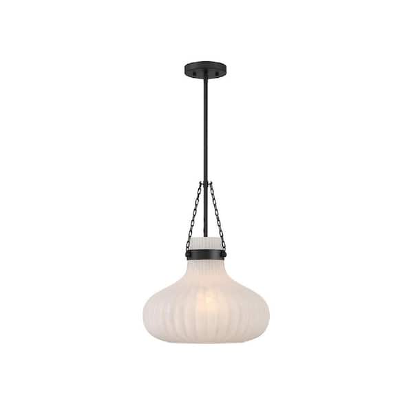15 in. W x 19 in. H 1-Light Matte Black Traditional Pendant Light with Fluted Ribbed Strie Glass Shade