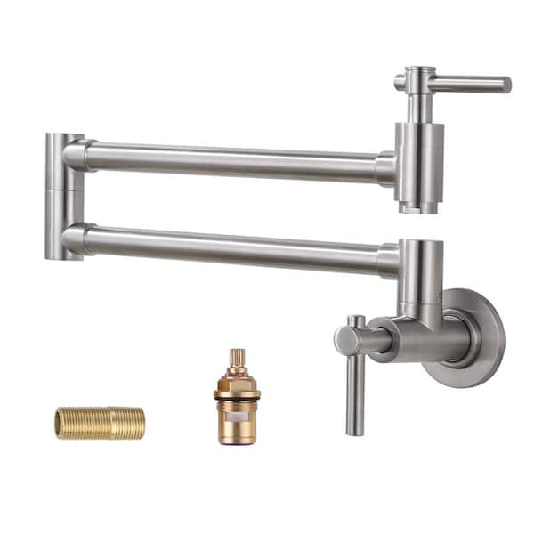 Wall Mounted Pot Filler with Double Handles in Brushed Nickel