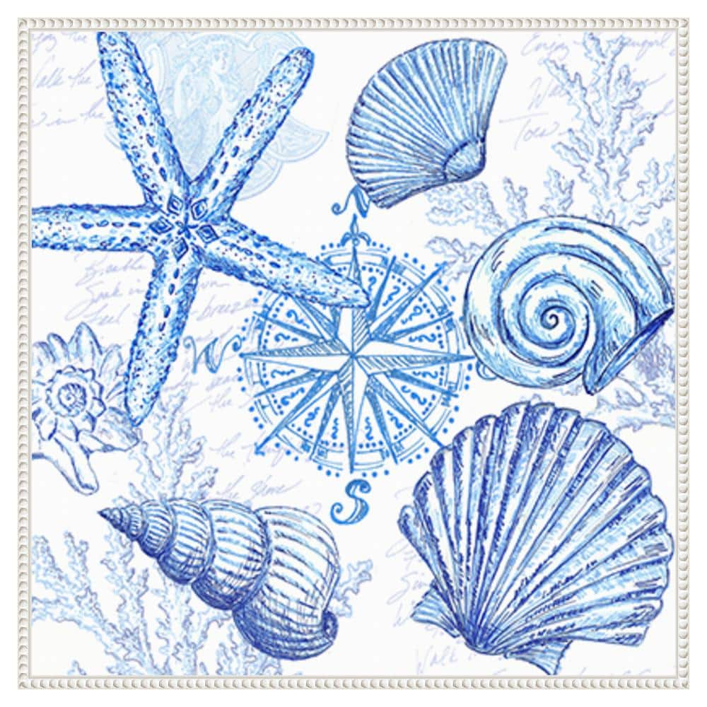 Coastal Blue Sea Shells and Starfish Canvas Wall Art in White Frame