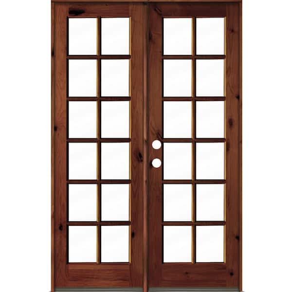Krosswood Doors 64 in. x 96 in. French Knotty Alder Wood 12-Lite Clear Glass Red Chestnut Stain Right Active Double Prehung Front Door