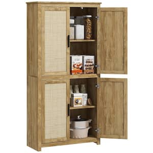 Natural Wood 64 in. 4-Tier Shelves Freestanding Kitchen Pantry Storage Cabinet, with 4-Rattan Doors and Adjustable Shelf