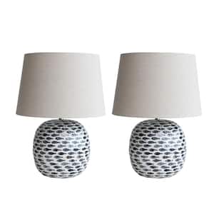 21.26 in. Blue and White Capiz and Bamboo Fish Table Lamp with White Linen Shade (Set of 2)
