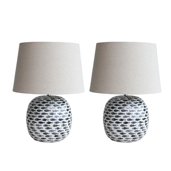 Storied Home 21.26 in. Blue and White Capiz and Bamboo Fish Table Lamp with  White Linen Shade (Set of 2) DF7109SET - The Home Depot