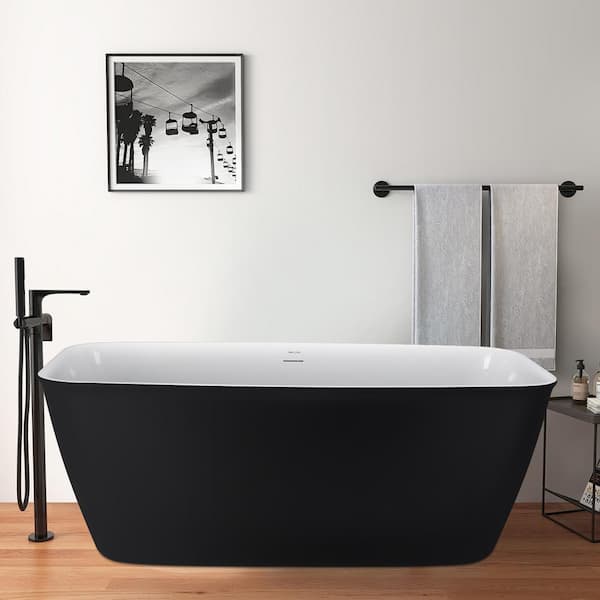 58.5 in. Acrylic Flatbottom Tub Rectangular Center Drain Not Whirlpool Freestanding Tub Soaker Bathtub in Matte Black