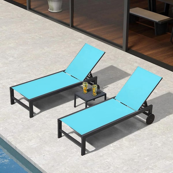 Textilene Fabric and Aluminum Frame Outdoor Chaise Lounge with Wheels for Patio, Beach, Yard, Pool, Side Table Included