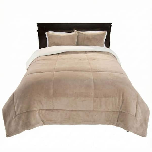 3-Piece Taupe Solid King Size Sherpa Fleece Comforter Set